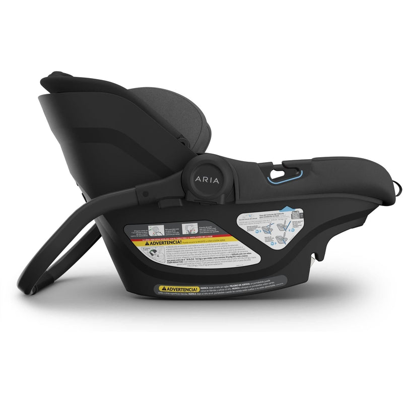 Handle adjustment on the Uppababy Aria V2 in Jake makes it easy to carry this compact and stylish car seat for baby.