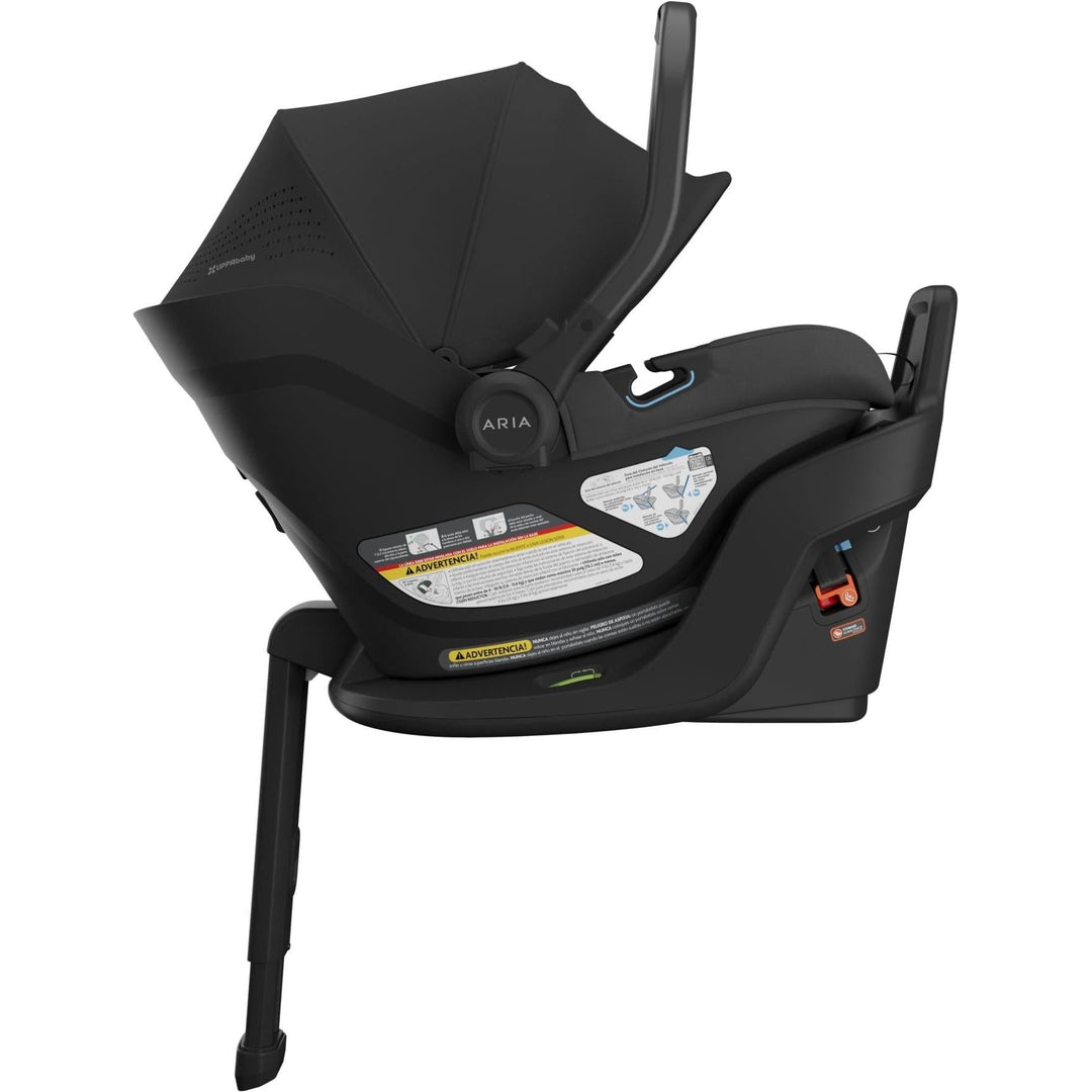 Left side view of the Uppababy Aria V2 Infant Car Seat in Jake emphasizes sleek, durable craftsmanship.