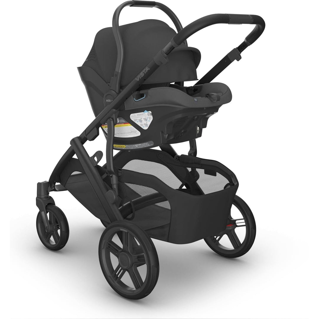 Uppababy Aria V2 in Jake installed on stroller frame, combining safety and convenience in a best infant car seat.
