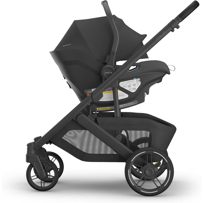 The Uppababy Aria V2 Infant Car Seat in Jake attached to Cruz stroller, offering seamless travel flexibility.