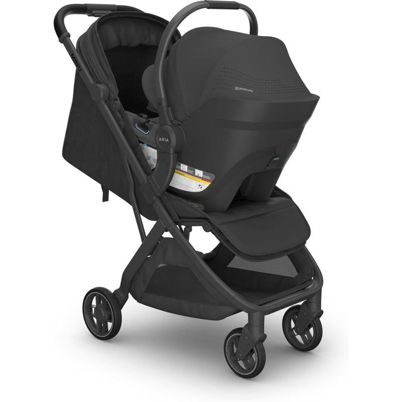 Front angle of the Uppababy Aria V2 Infant Car Seat in Jake on Minu stroller, offering the best travel car seat setup.