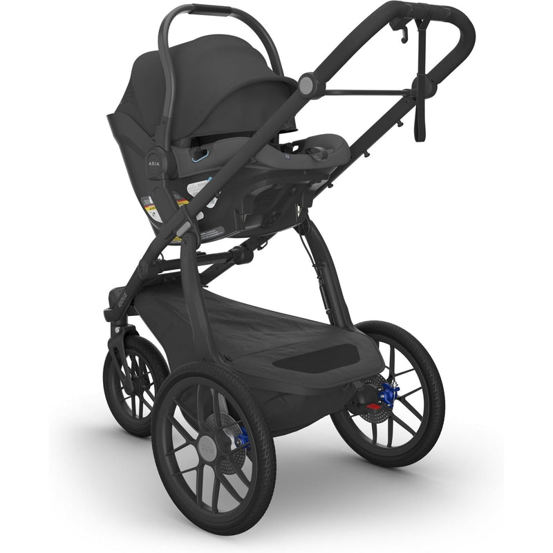 Uppababy Aria V2 Infant Car Seat in Jake securely attached to Ridge stroller, showcasing premium comfort for babies.