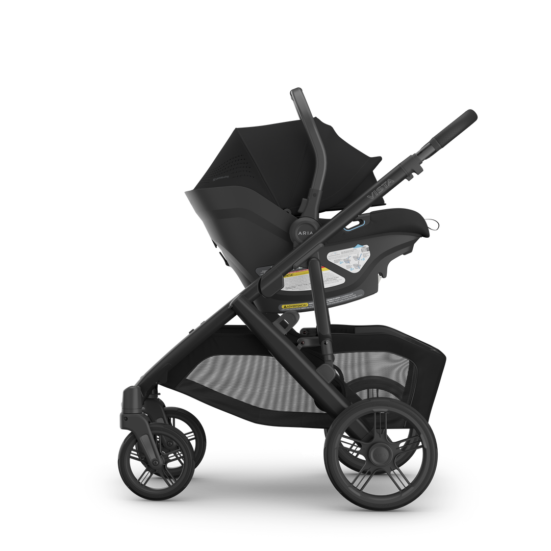 Vista V3 Aria V2 James Black on Vista side — UPPAbaby all-black stroller and infant seat travel system