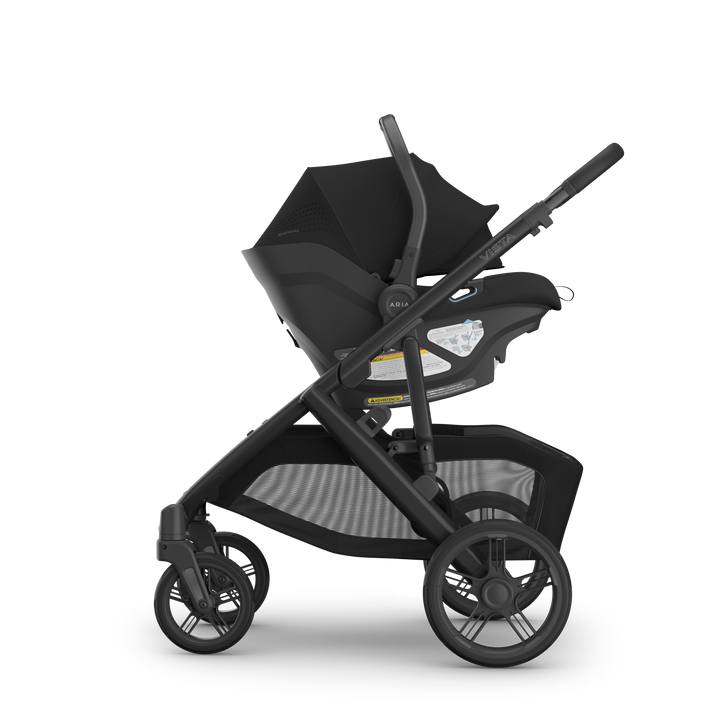 Vista V3 Aria V2 James Black on Vista side — UPPAbaby all-black stroller and infant seat travel system