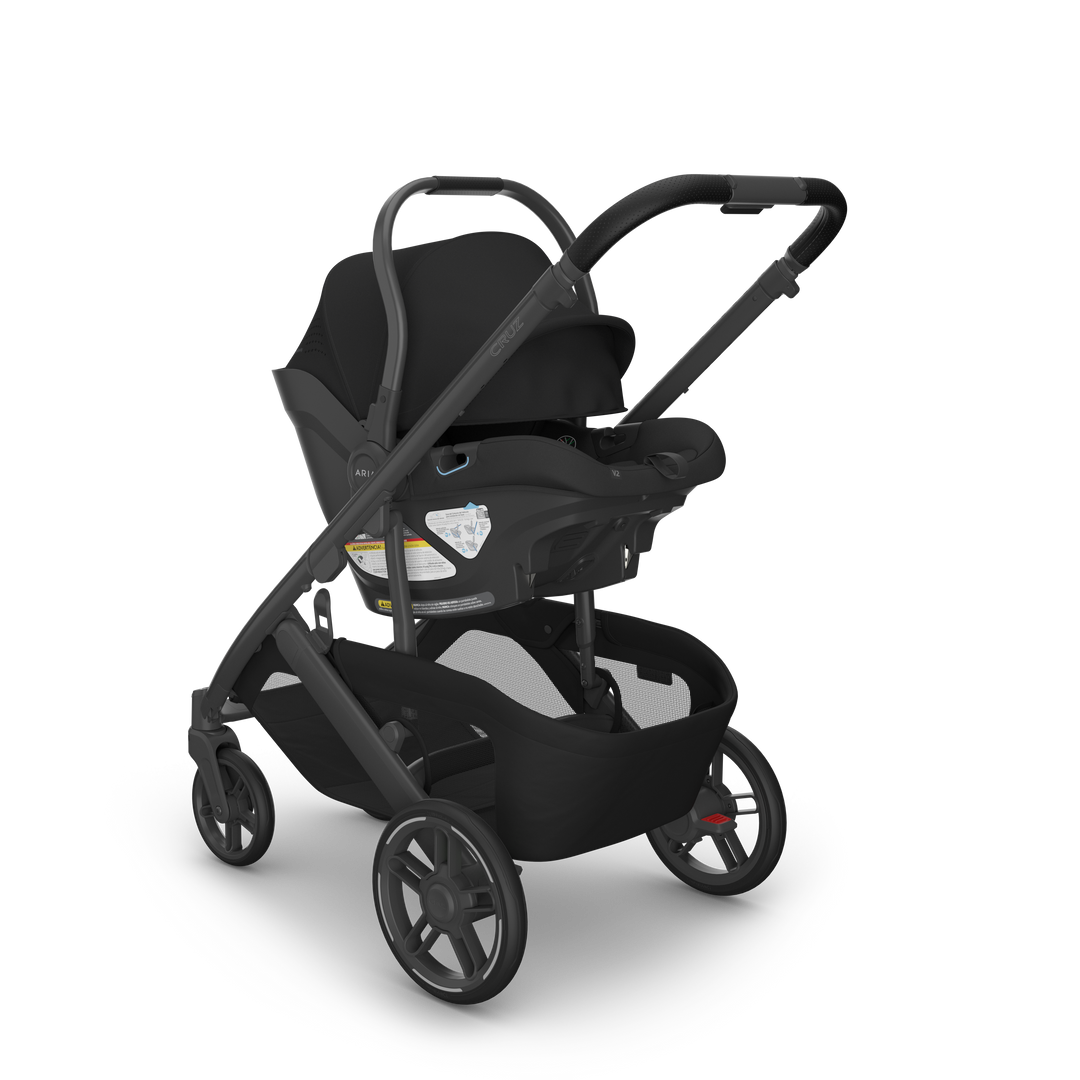 UPPAbaby Aria V2 James Black on Cruz V3 front — all-black infant seat and compact stroller bundle