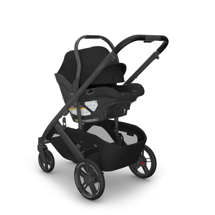 UPPAbaby Aria V2 James Black on Cruz V3 front — all-black infant seat and compact stroller bundle