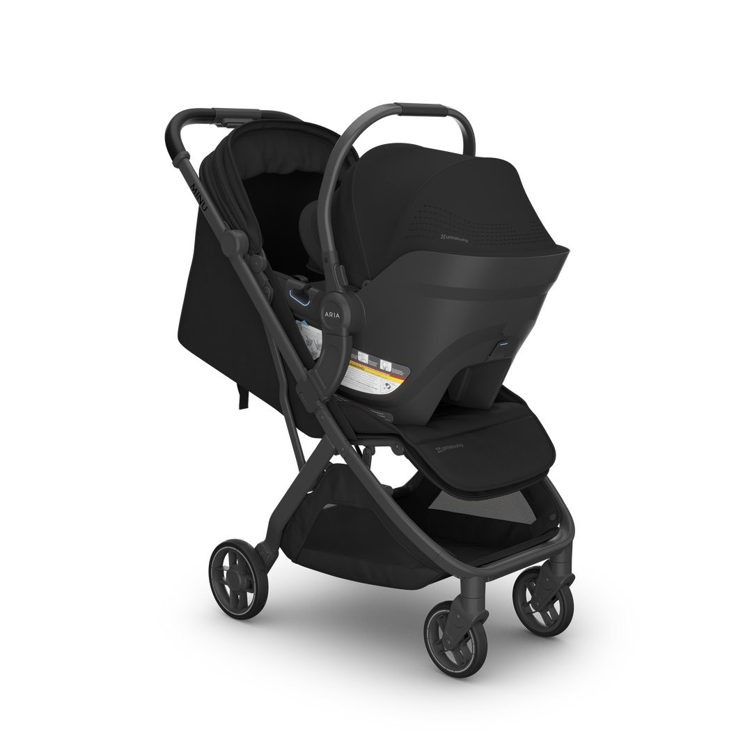 UPPAbaby Aria V2 James Black on Minu V3 James front — all-black compact stroller travel system