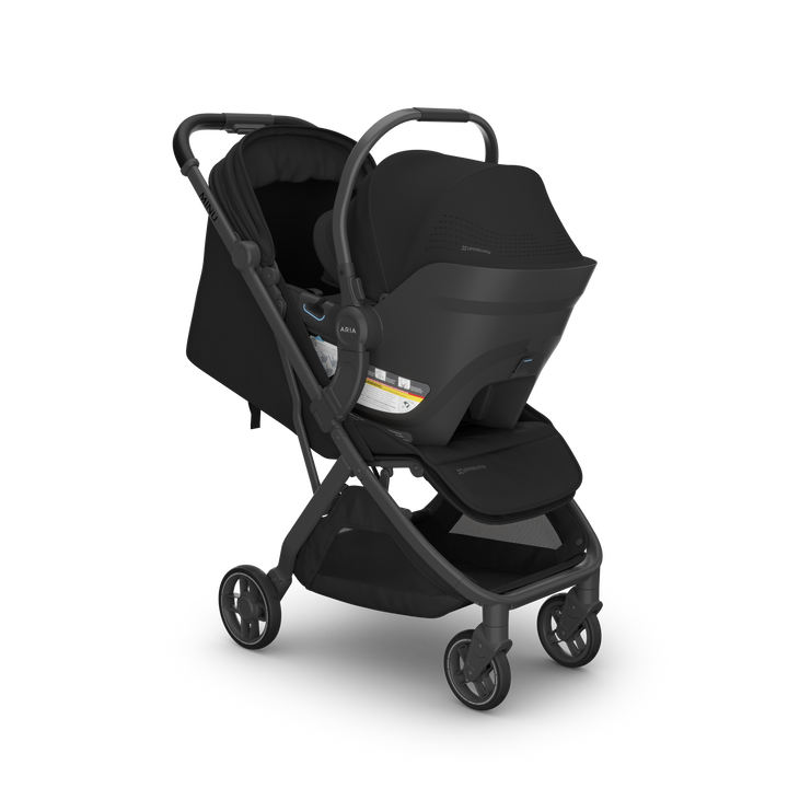 UPPAbaby Aria V2 James Black on Minu V3 James front — all-black compact stroller travel system