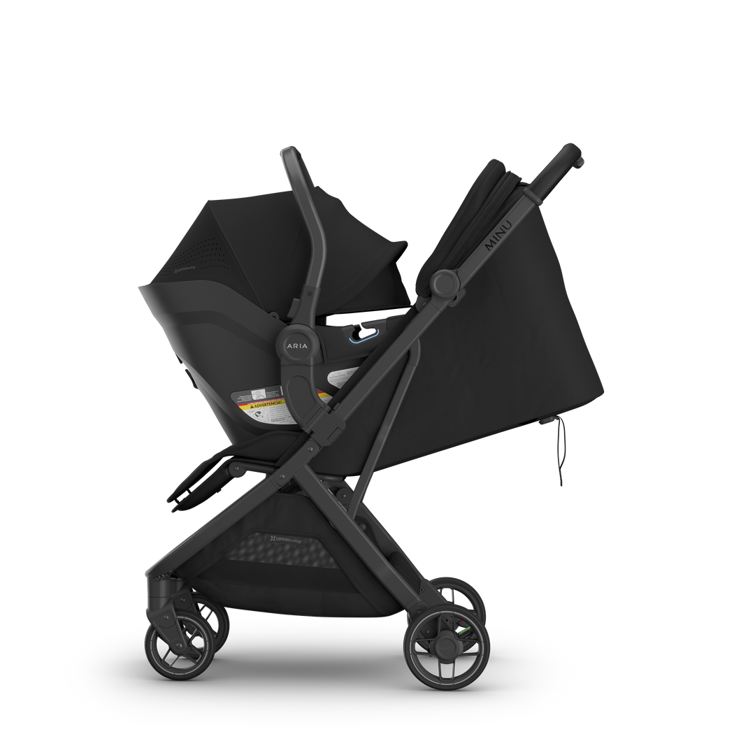 Minu V3 Aria V2 James Black on Minu side view — UPPAbaby all-black compact travel system