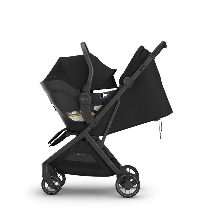 Minu V3 Aria V2 James Black on Minu side view — UPPAbaby all-black compact travel system