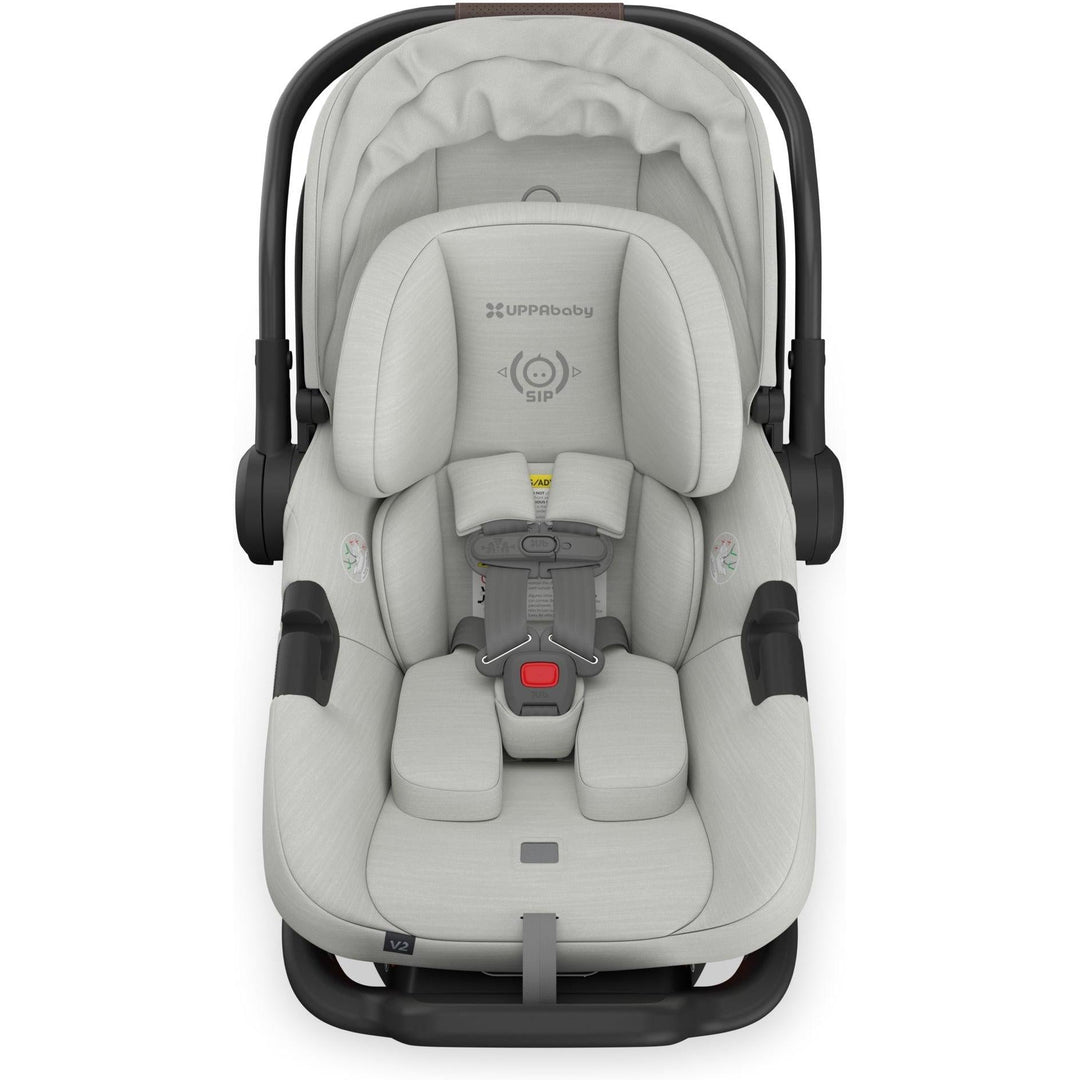 Top-down view of the Uppababy Aria V2 Infant Car Seat in Savannah reveals smart, compact form for travel.