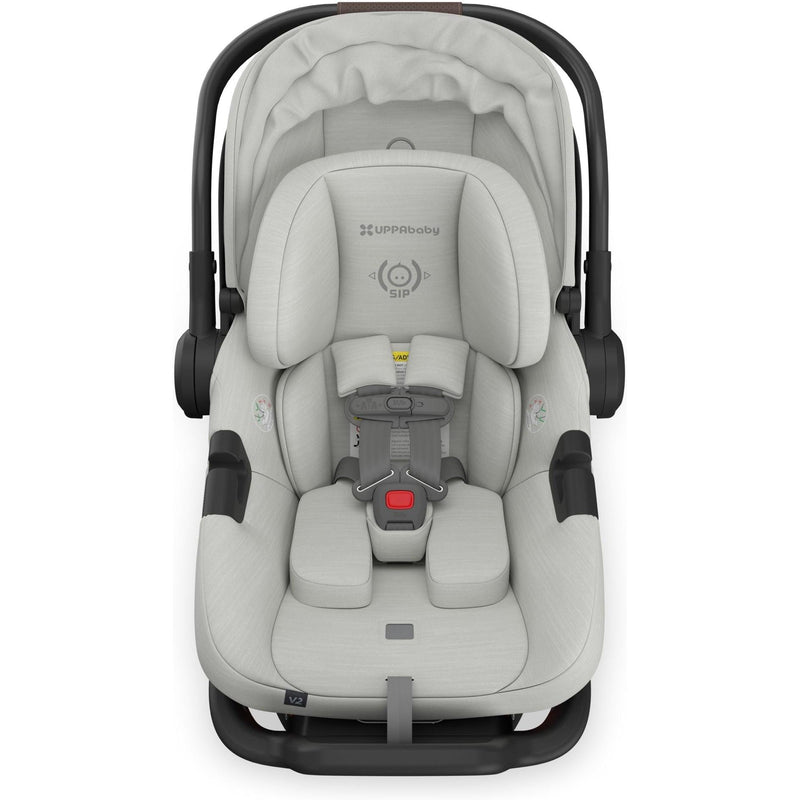 Top-down view of the Uppababy Aria V2 Infant Car Seat in Savannah reveals smart, compact form for travel.