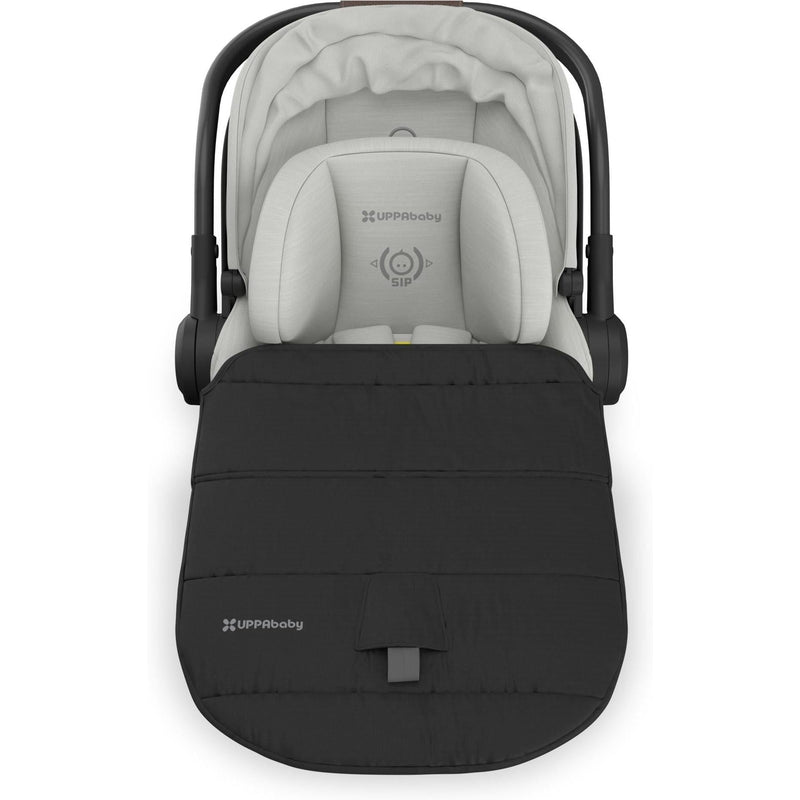Top angle of the Uppababy Aria V2 Infant Car Seat in Savannah with full foot cover attached, ideal for cozy travel days.