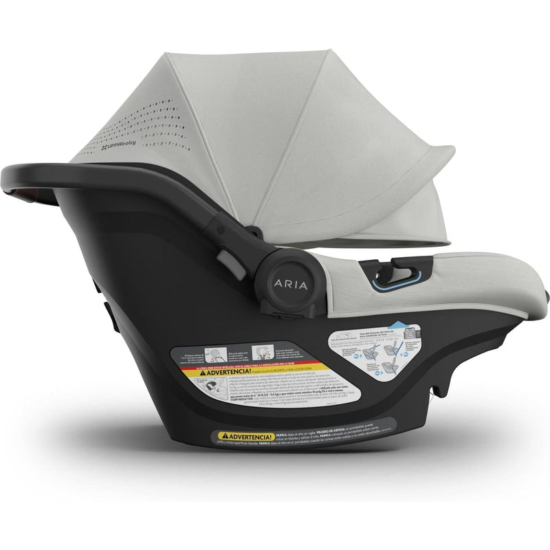 Sunshade extended on the Uppababy Aria V2 Savannah, offering reliable UV protection in this best infant car seat.