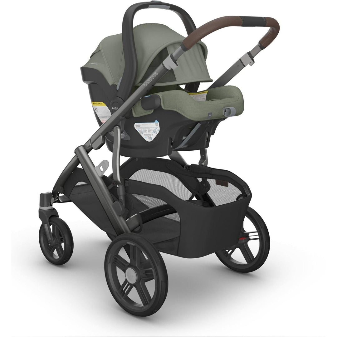 Uppababy Aria V2 in Evelyn mounted on Vista stroller, showing seamless design between infant car seat and base.