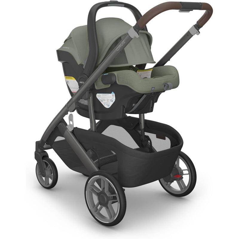 Cruz stroller shown with Uppababy Aria V2 Infant Car Seat in Evelyn, offering a secure and stylish best car seat for baby travel.