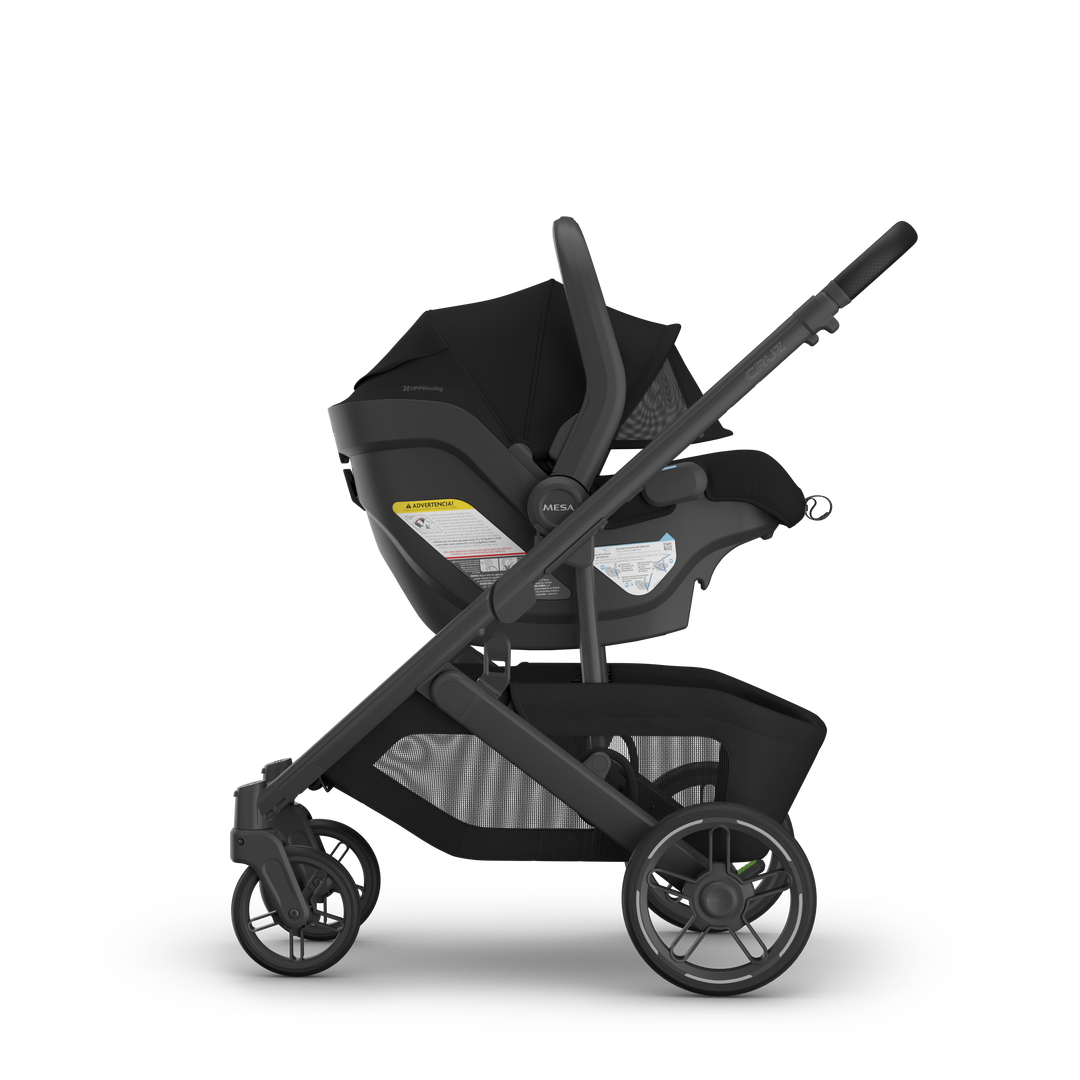 UPPAbaby Mesa V3 James Black on Cruz V3 side — all-black infant seat compact stroller travel system