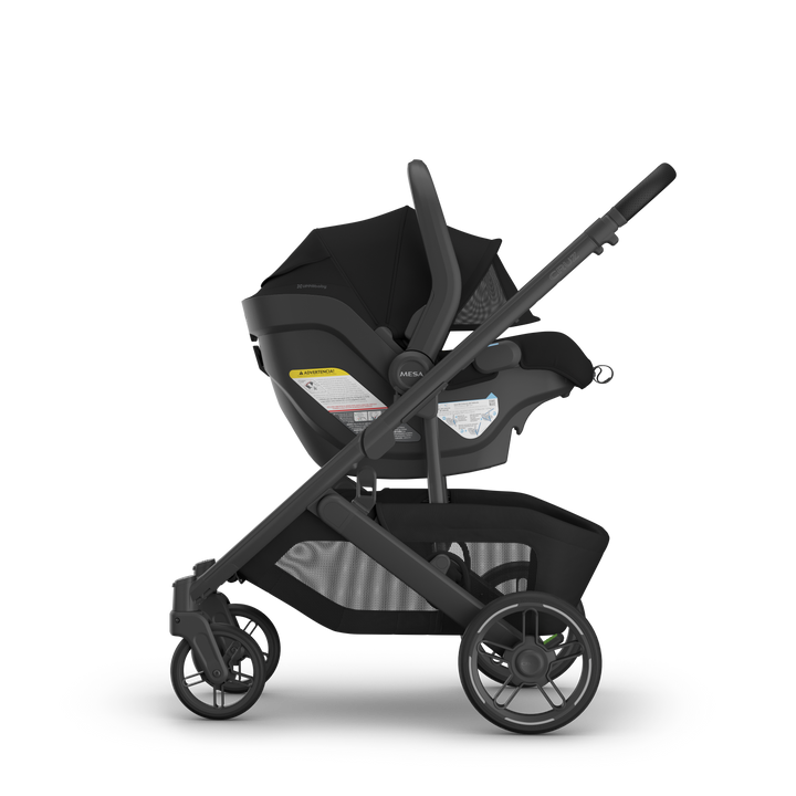 UPPAbaby Mesa V3 James Black on Cruz V3 side — all-black infant seat compact stroller travel system