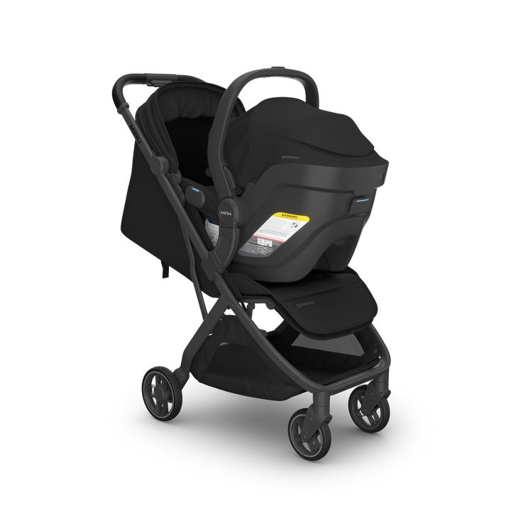 UPPAbaby Mesa V3 James Black on Minu V3 James front — all-black compact travel stroller infant seat bundle
