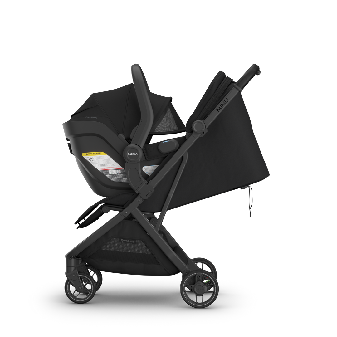 Mesa V3 James Black on Minu V3 James side — UPPAbaby all-black compact stroller infant car seat system