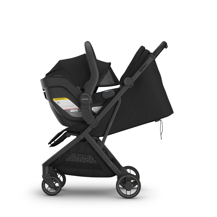 Mesa V3 James Black on Minu V3 James side — UPPAbaby all-black compact stroller infant car seat system