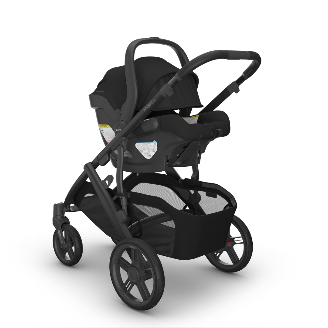 UPPAbaby Mesa V3 James Black on Vista V3 front — all-black infant car seat full-size stroller bundle