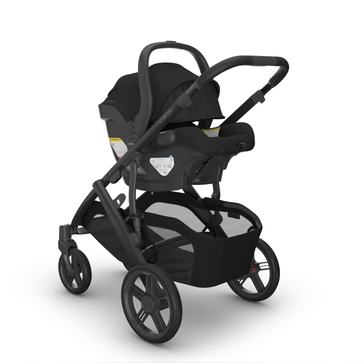 UPPAbaby Mesa V3 James Black on Vista V3 front — all-black infant car seat full-size stroller bundle
