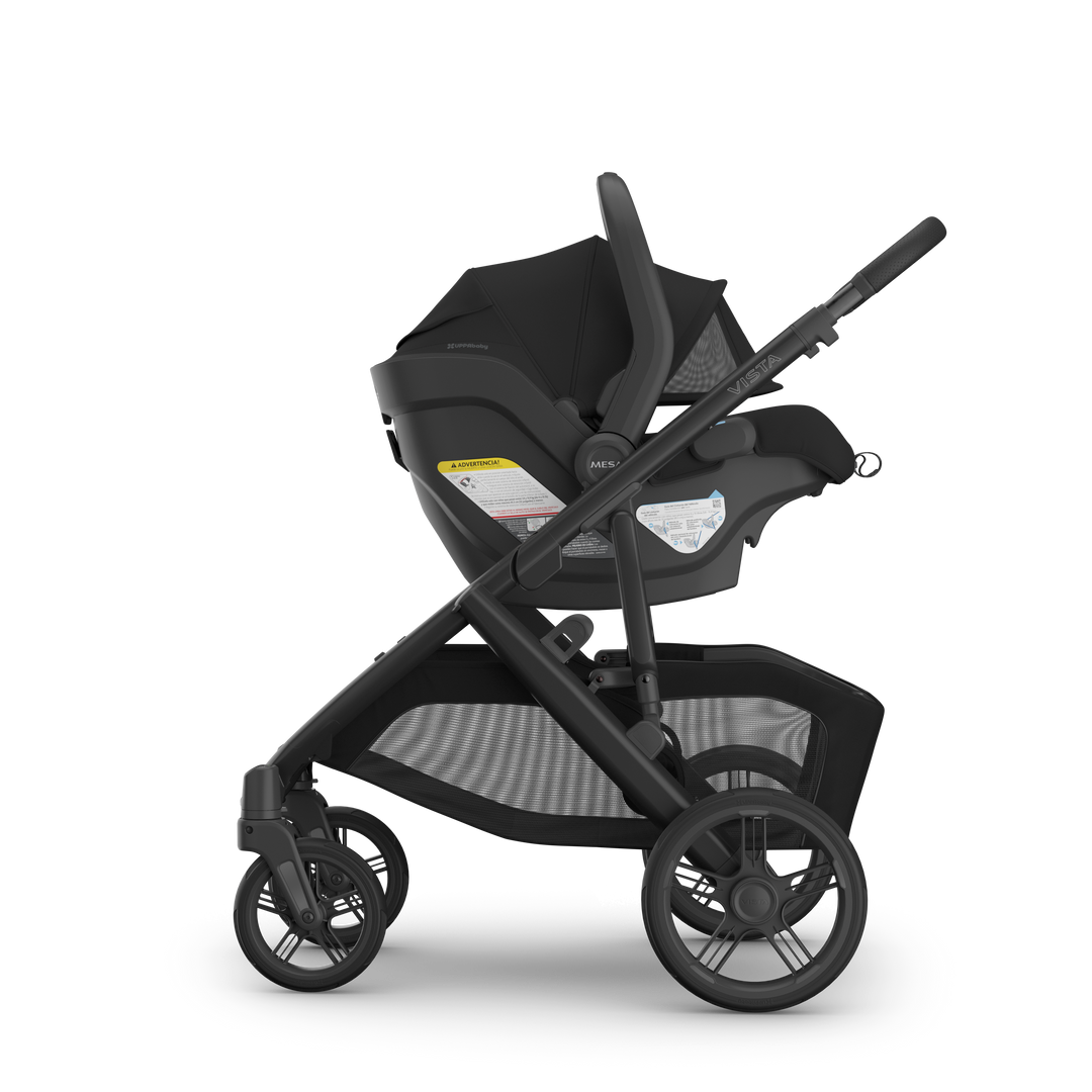 Mesa V3 James Black on Vista V3 side view — UPPAbaby all-black infant seat full-size stroller system