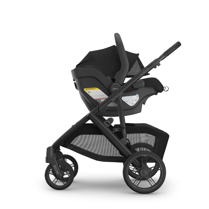 Mesa V3 James Black on Vista V3 side view — UPPAbaby all-black infant seat full-size stroller system