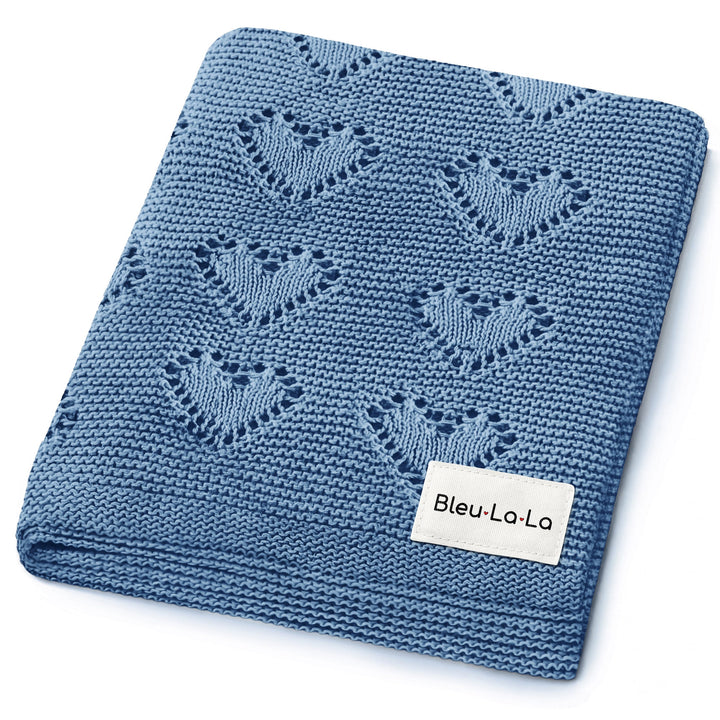 Bleu La La 100% Cotton Luxury Knit Heart Swaddle Baby Blanket in denim blue, folded to show premium breathable cotton knit.