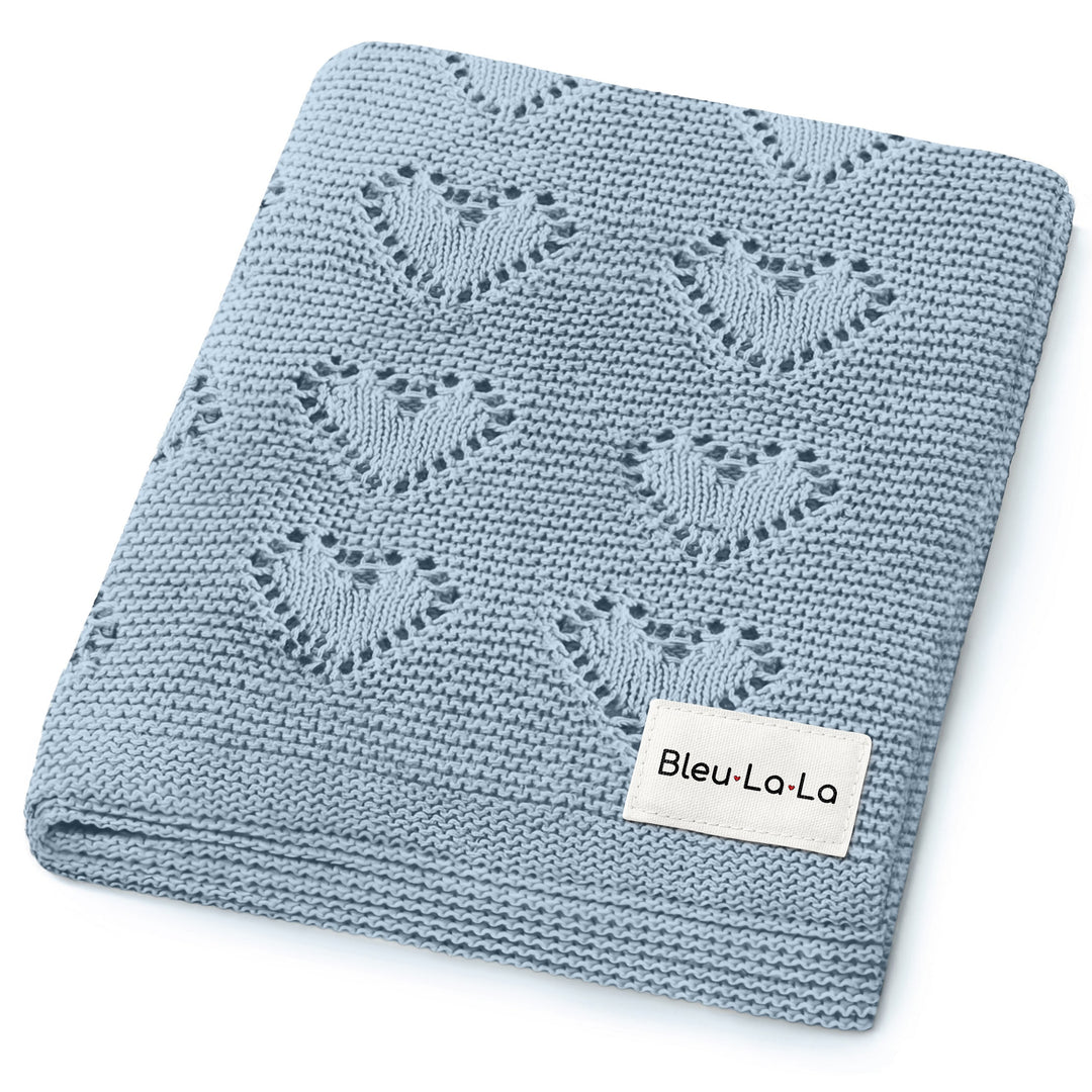 Bleu La La 100% Cotton Luxury Knit Heart Swaddle Baby Blanket in sky blue, folded to highlight all-season knit weight.