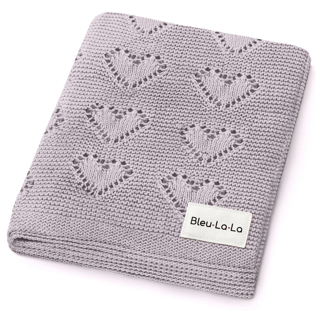 Bleu La La 100% Cotton Luxury Knit Heart Swaddle Baby Blanket in Lavender, folded to show heart knit pattern and breathable cotton texture.