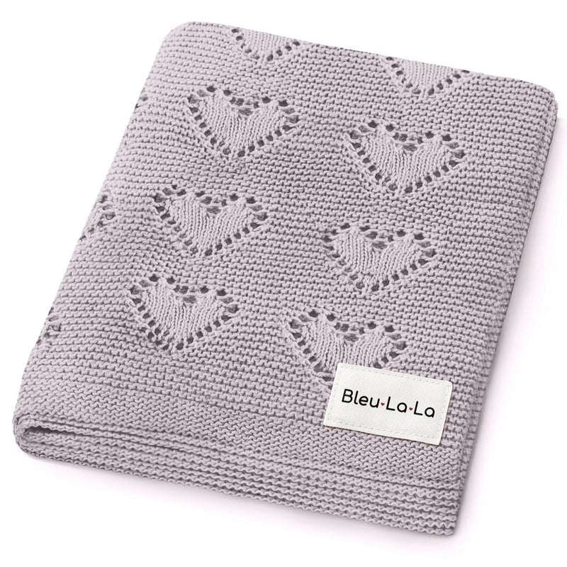 Bleu La La 100% Cotton Luxury Knit Heart Swaddle Baby Blanket in Lavender, folded to show heart knit pattern and breathable cotton texture.