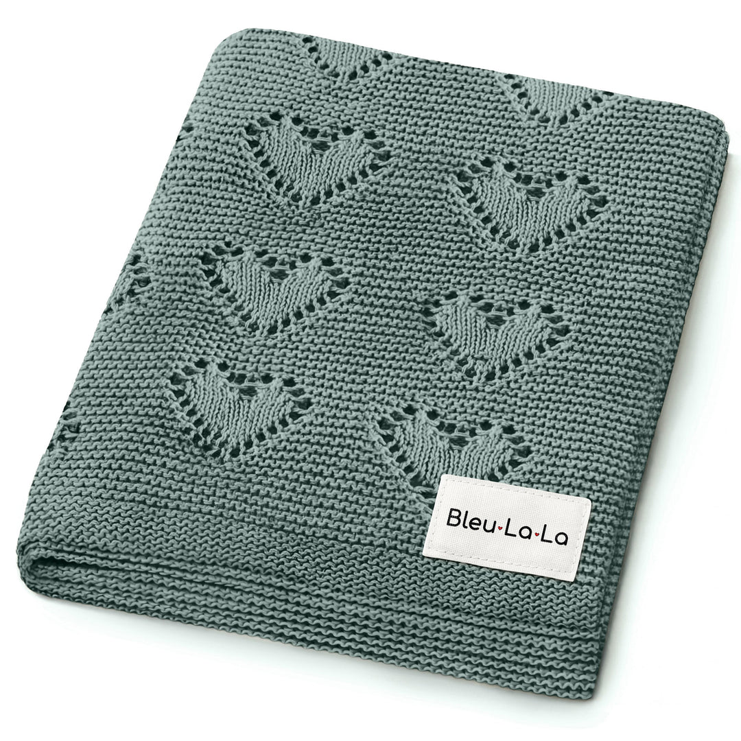 Bleu La La 100% Cotton Luxury Knit Heart Swaddle Baby Blanket in hunter green, folded with breathable cotton for daily use.