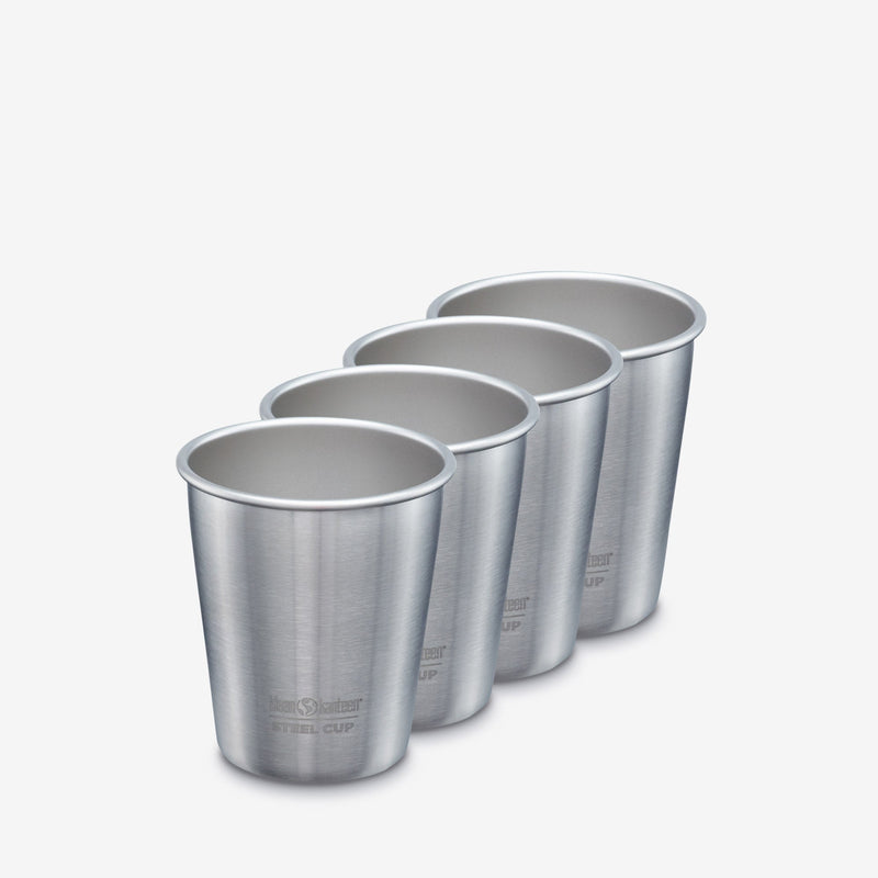 Brushed Steel Klean Kanteen 10 oz Cup Four Pack, minimalist and dishwasher safe for family use.