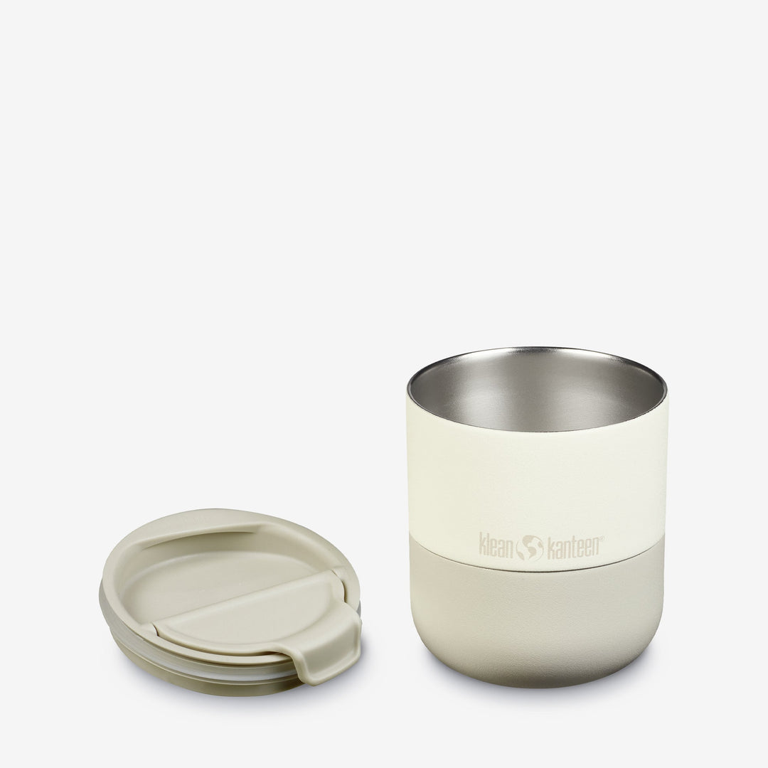 Close-up of Klean Kanteen 10oz Rise Lowball Tumbler in Tofu with lid off, highlighting non toxic materials and clean style