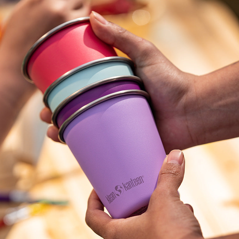 Multi-color Klean Kanteen 10 oz Cup Four Pack, stackable cups for easy storage at home or travel.