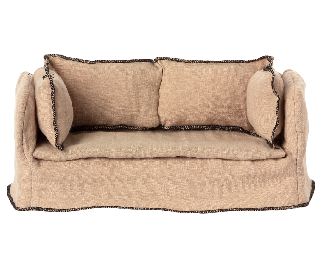 Maileg Couch, Miniature - main product view of tan linen sofa with wooden frame