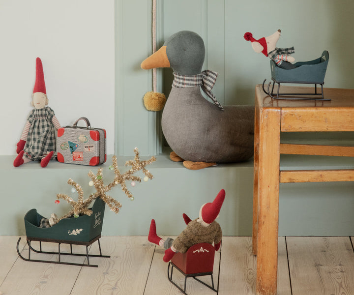 Maileg Green Mouse Sleigh side view showing hand-painted details