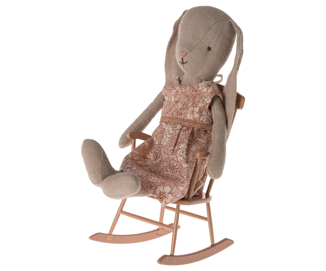 maileg miniature wooden rocking chair with maileg size 1 bunny on it