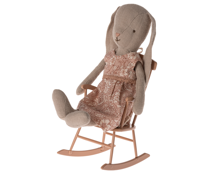 maileg miniature wooden rocking chair with maileg size 1 bunny on it