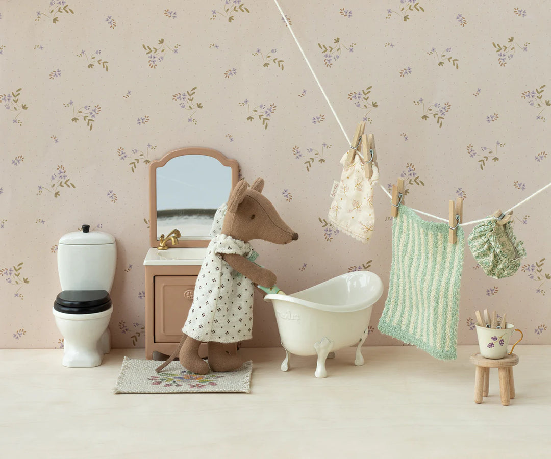 Perfect for a mini dollhouse setup, the Maileg Mouse - Dark Powder Sink Dresser adds sweet dollhouse miniature accessories charm