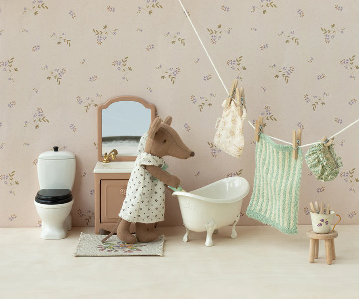 Perfect for a mini dollhouse setup, the Maileg Mouse - Dark Powder Sink Dresser adds sweet dollhouse miniature accessories charm