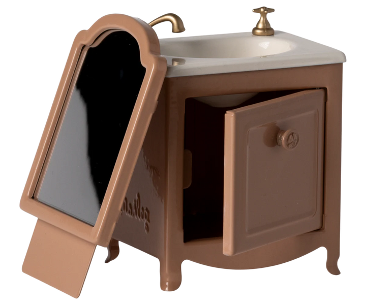 With removable mirror detail, the Maileg Mouse - Dark Powder Sink Dresser enhances dollhouse furniture displays