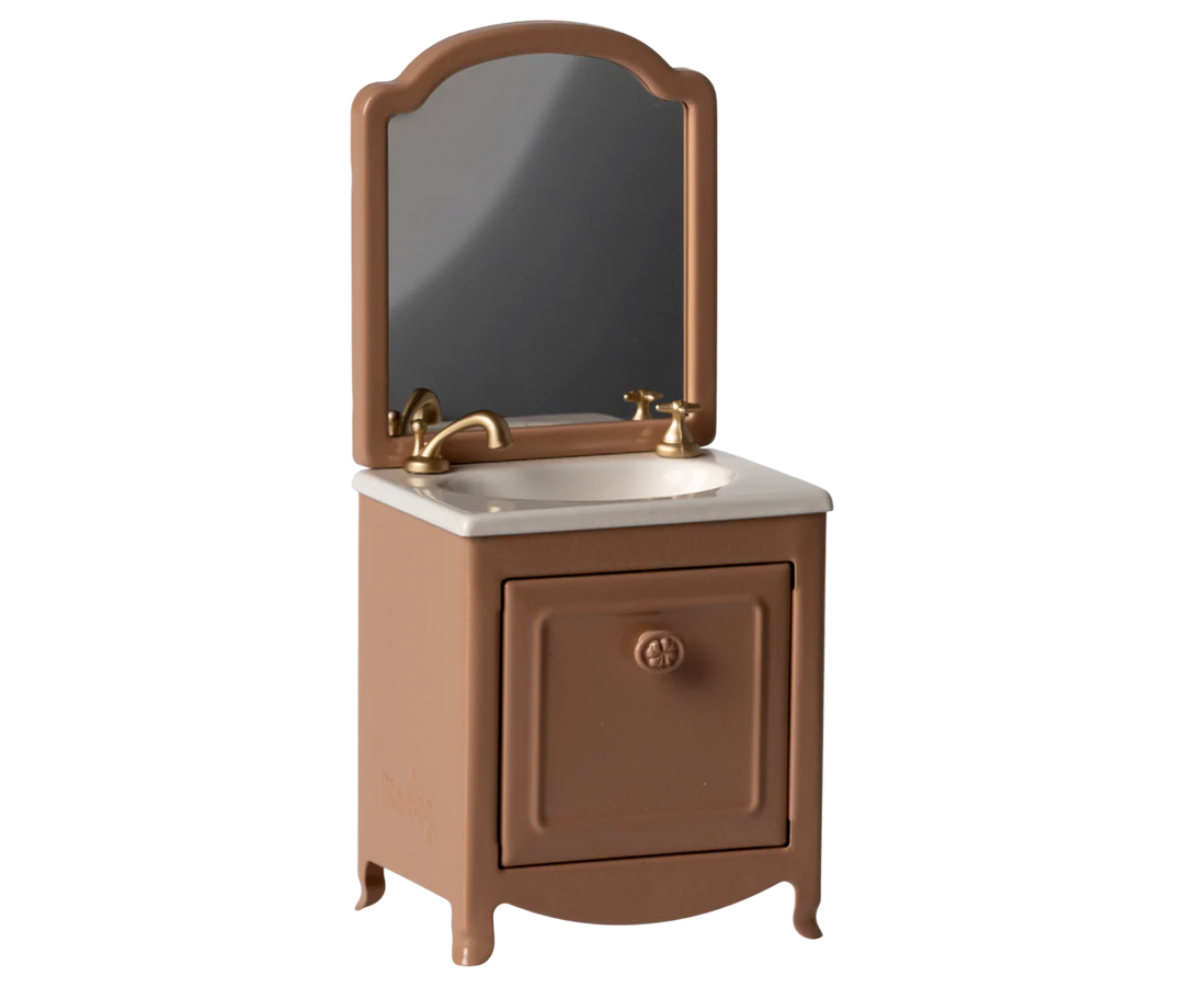 Maileg Mouse - Dark Powder Sink Dresser styled inside a charming Maileg dollhouse bathroom scene