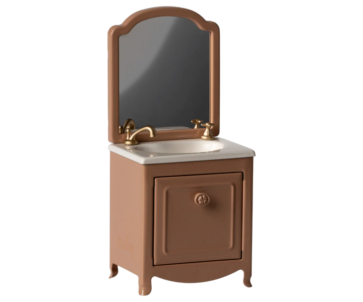 Maileg Mouse - Dark Powder Sink Dresser styled inside a charming Maileg dollhouse bathroom scene
