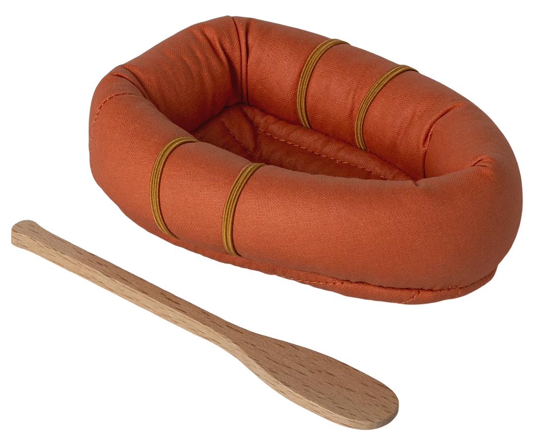 maileg rubber boat for mouse in orange with wooden oar