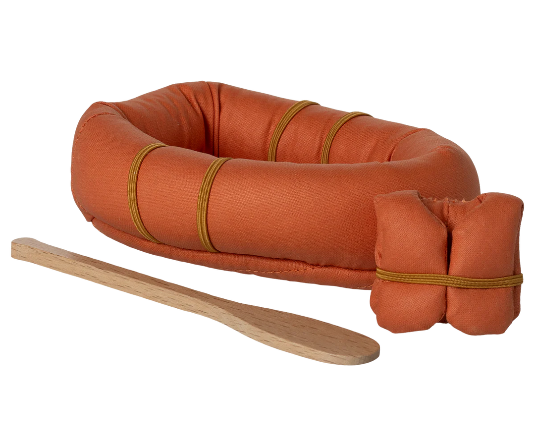 maileg pretend play rubber life boat with vest and wooden paddle dollhouse toy