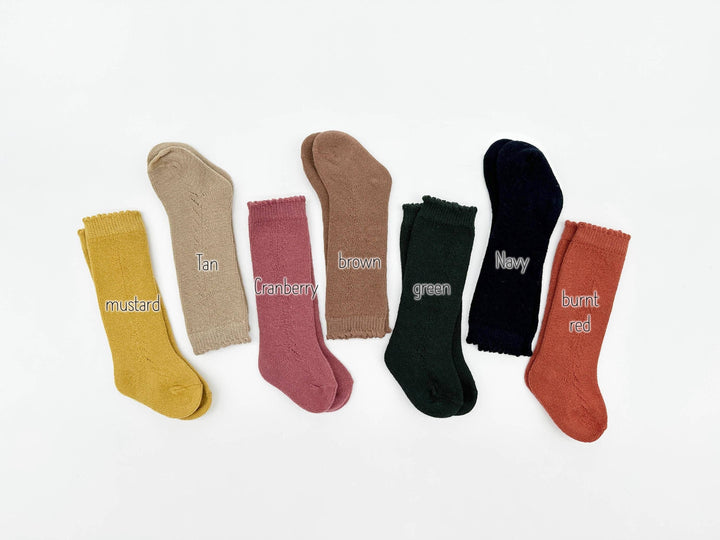 Olive & Cradle French Lace Knee High Socks three-pack flat lay – assorted lace-trim baby girl knee socks