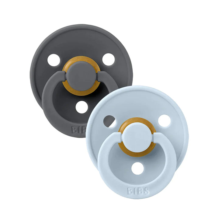 Soft Iron & Baby Blue BIBS Pacifier Colour Collection 2 Pack, soothing binkies for babies.